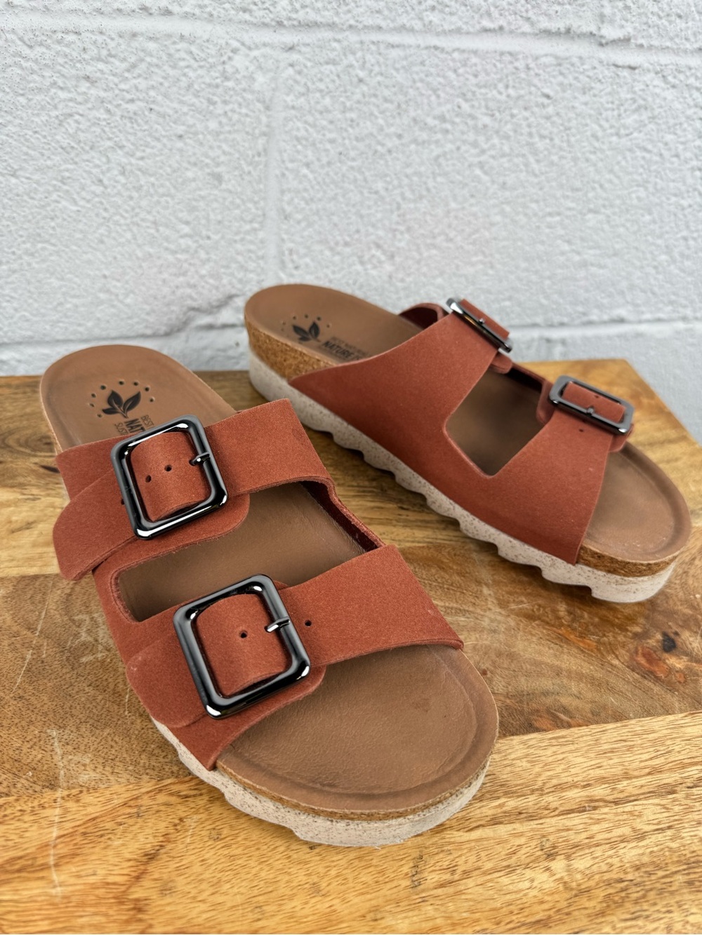 Mephisto Nature Is Future Suede Double Buckle Platform Sandals Rust EU 41